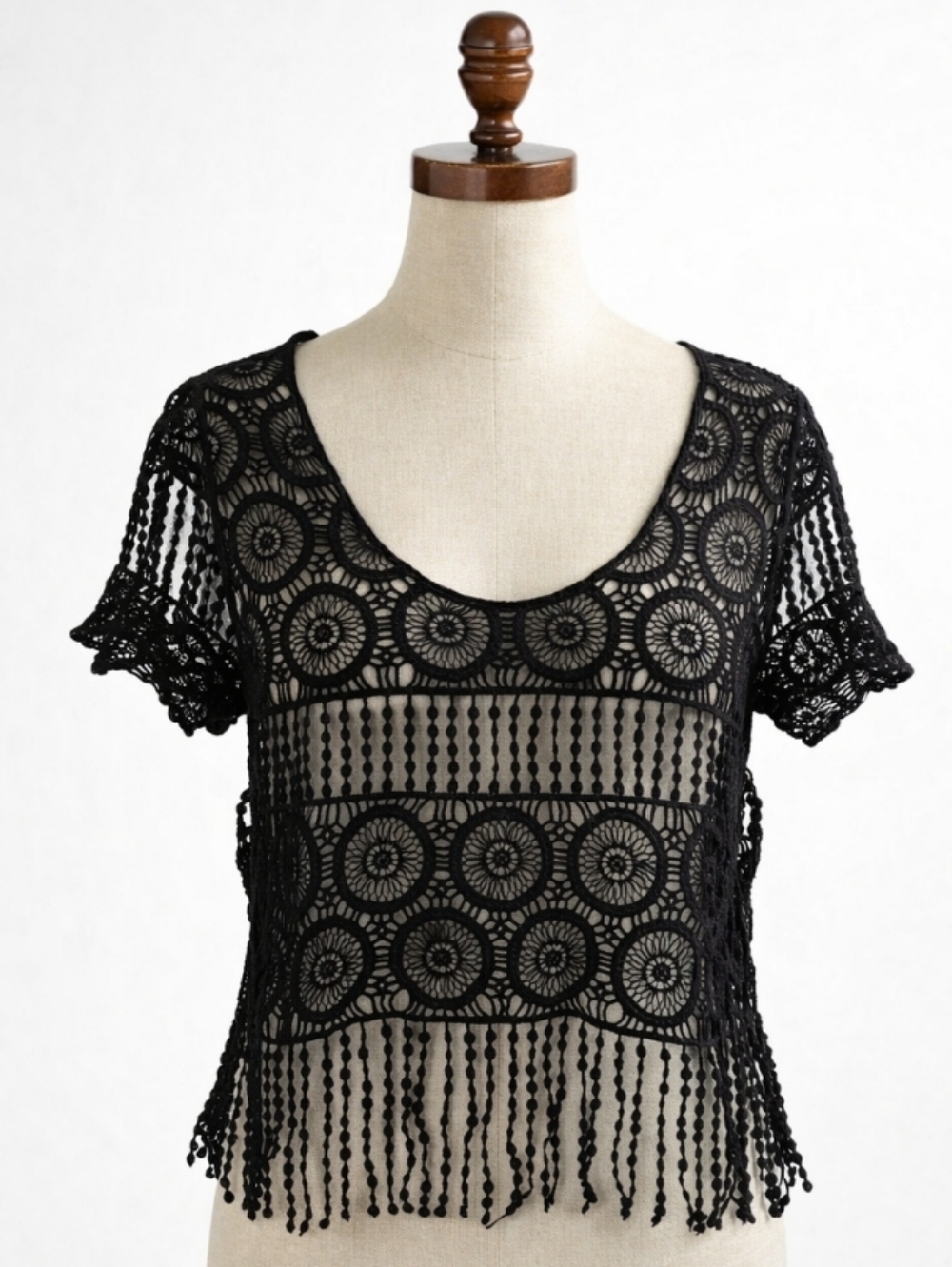 Anthropologie DULCIE Boho Sheer Crochet Top Black Cotton Fringe Hem Short Sleeve - Picture 3 of 16
